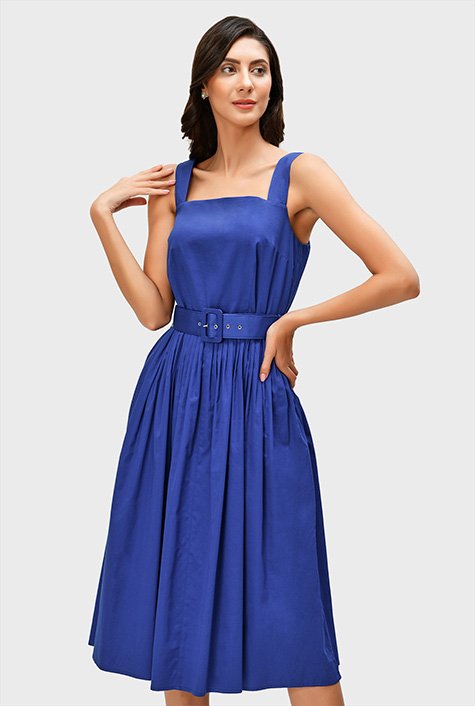 Shop Cotton sateen belted fit and flare dress eShakti