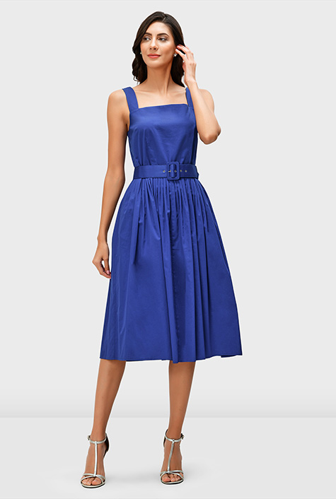Shop Cotton sateen belted fit-and-flare dress | eShakti