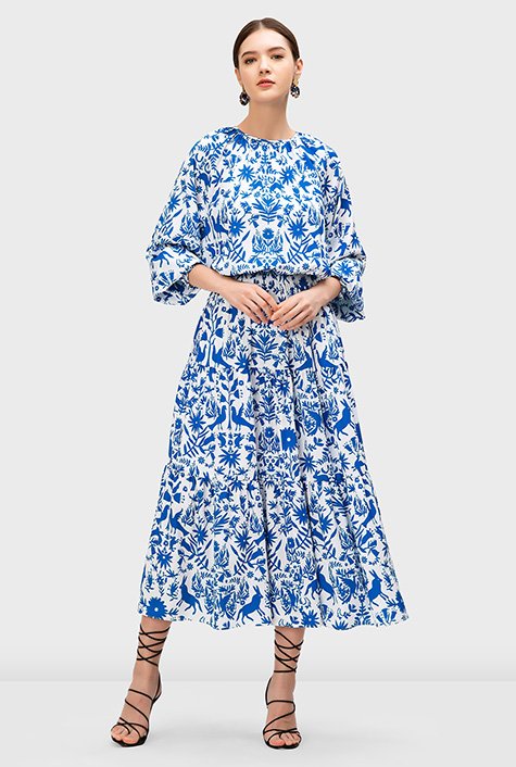 Shop Flora fauna print crepe blousy tiered dress | eShakti