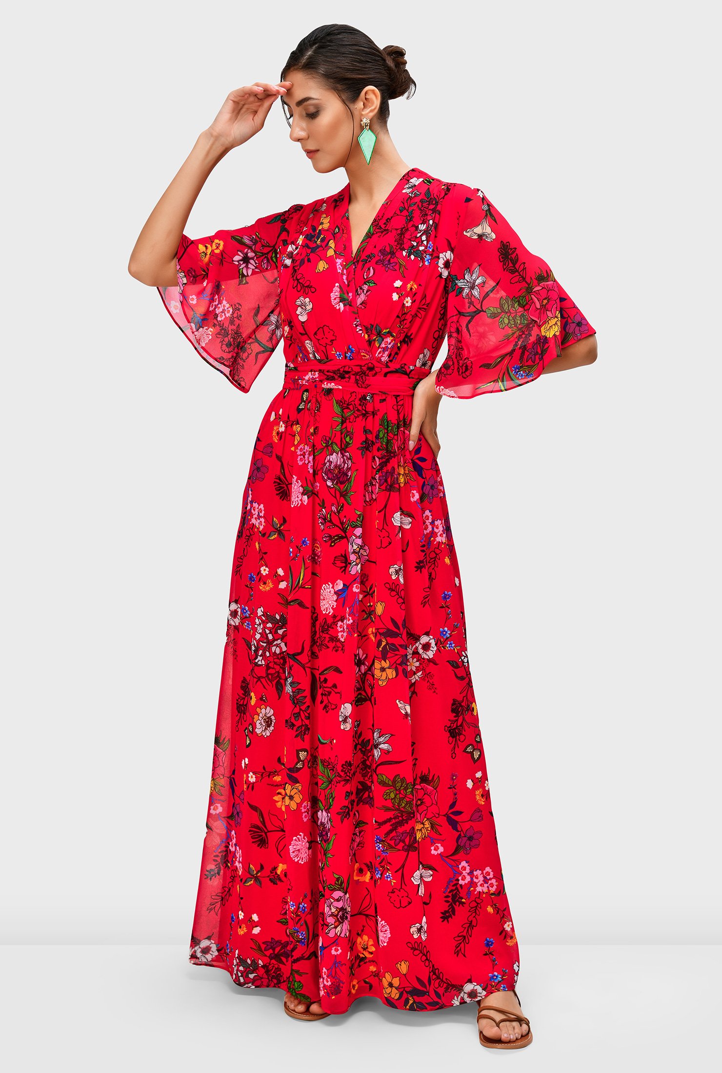 Shop Floral print pleat waist georgette surplice dress | eShakti