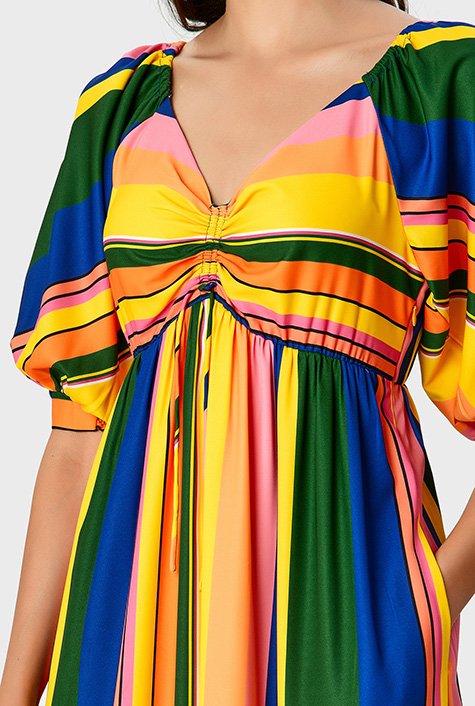 Shop Ruched stripe print crepe ruffle flounce dress | eShakti