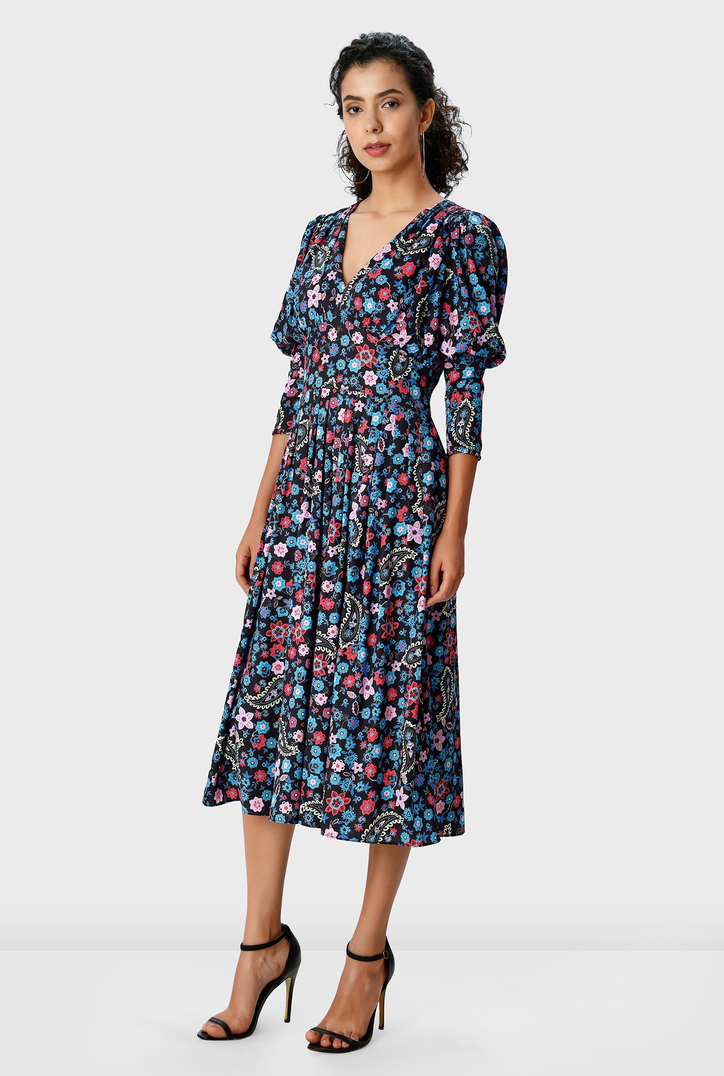 Shop Juliet sleeve paisley floral print crepe banded empire dress | eShakti