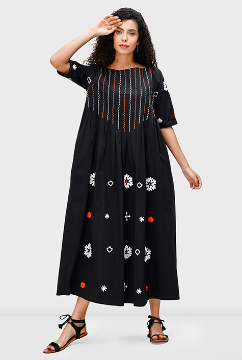 Shop Floral stripe embroidery cotton poplin pleat dress eShakti