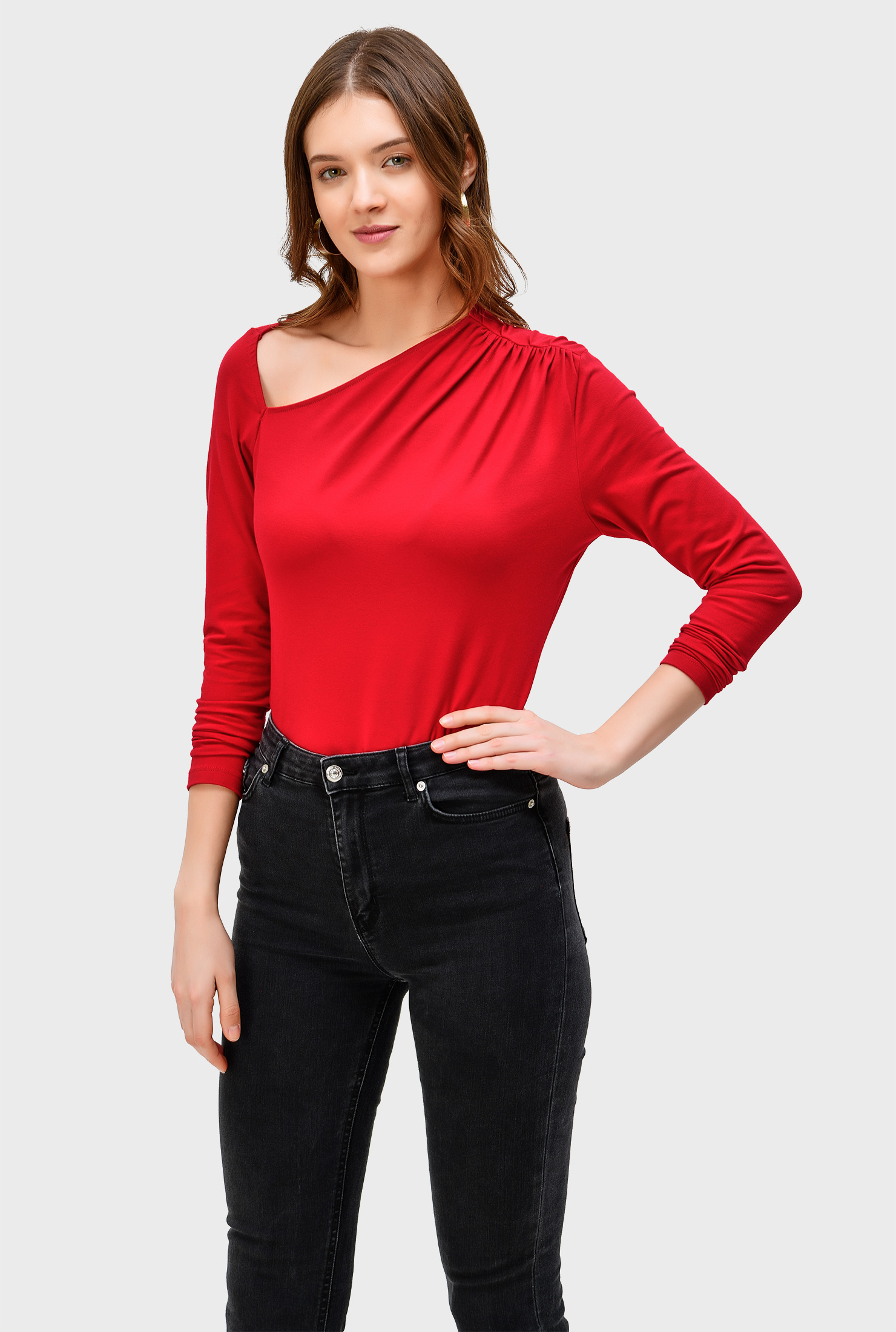 Shop Asymmetric neck cotton jersey top eShakti