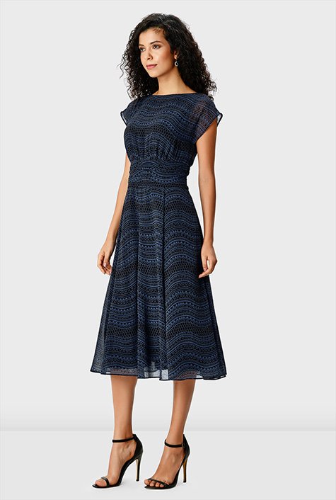 Shop Stripe lace print georgette pleated empire dress | eShakti