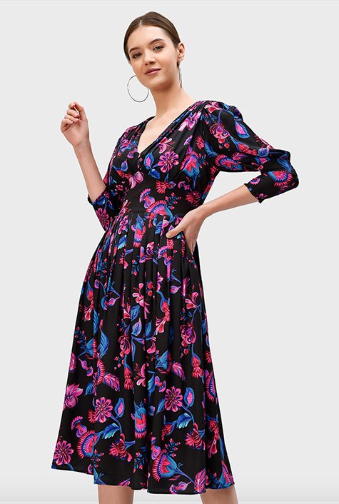 Shop Juliet sleeve floral print crepe banded empire dress | eShakti