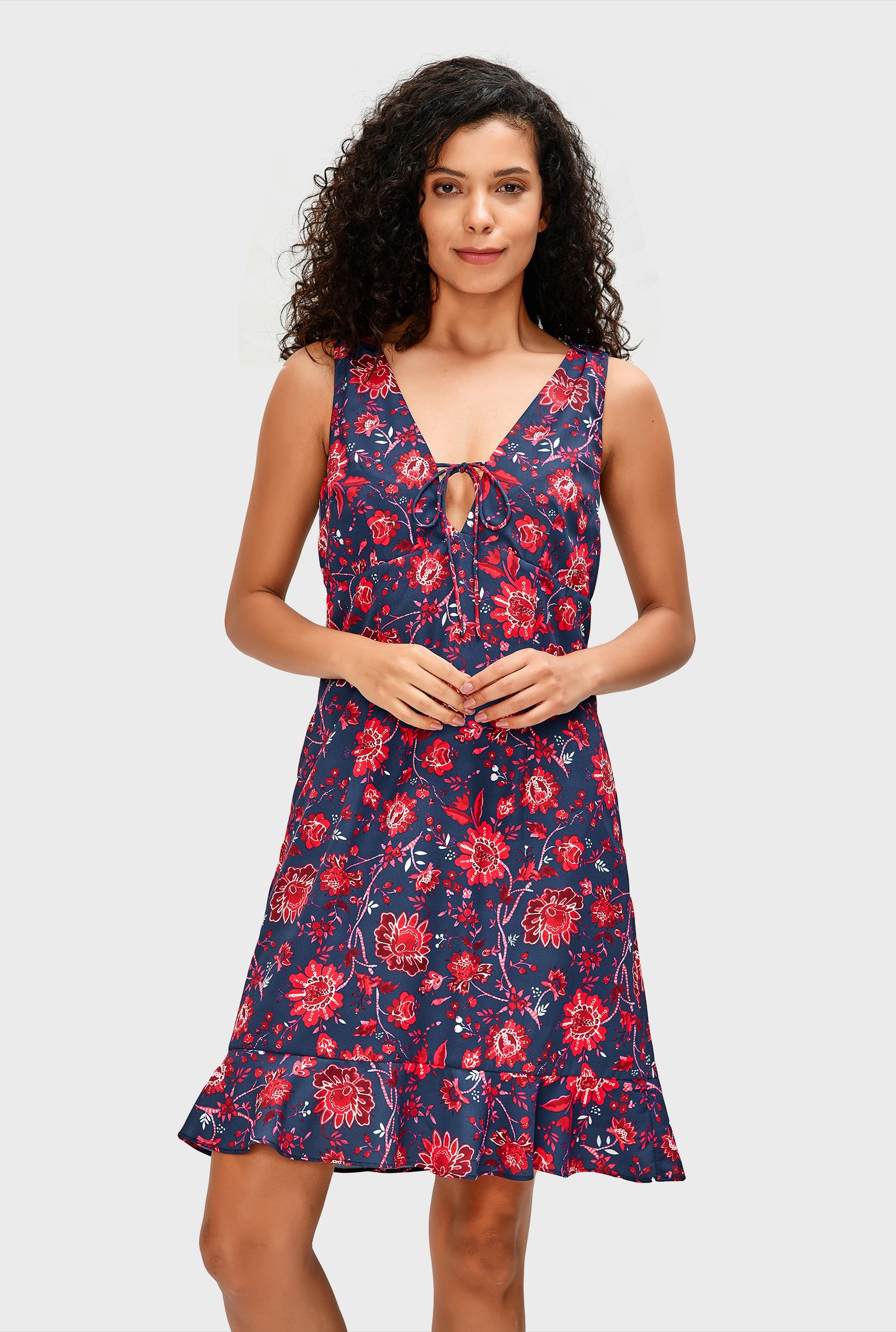 Shop Flounce hem floral print crepe empire dress | eShakti