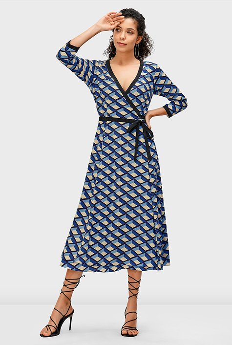Shop Contrast trim tile print crepe wrap dress | eShakti