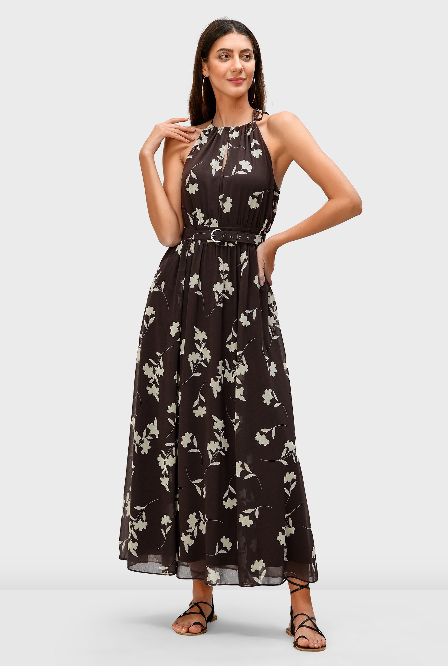 Shop Floral print georgette belted halter dress | eShakti