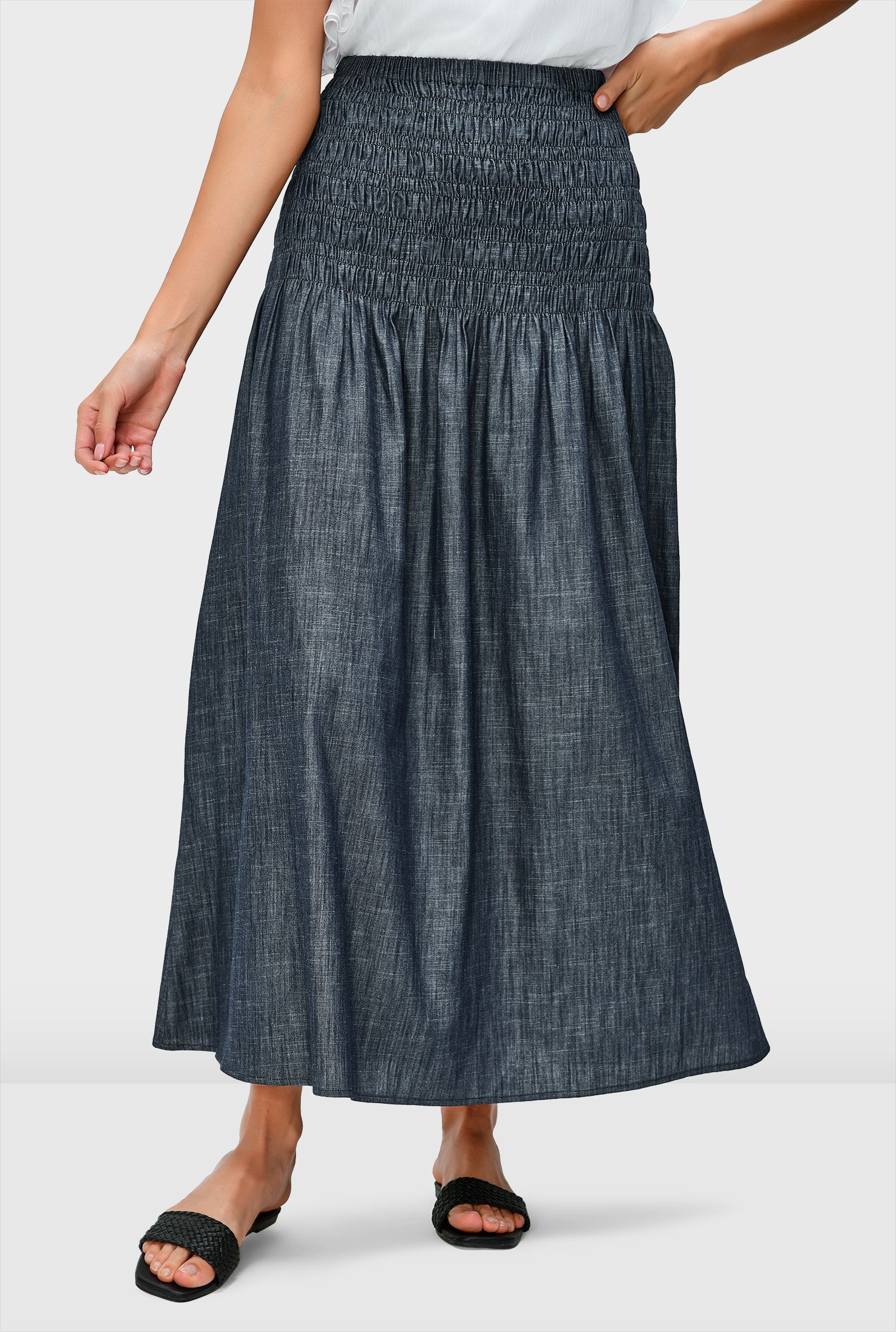 Shop Smocked elastic waist cotton chambray skirt | eShakti