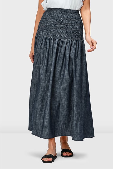 Shop Smocked Elastic Waist Cotton Chambray Skirt Eshakti 7831