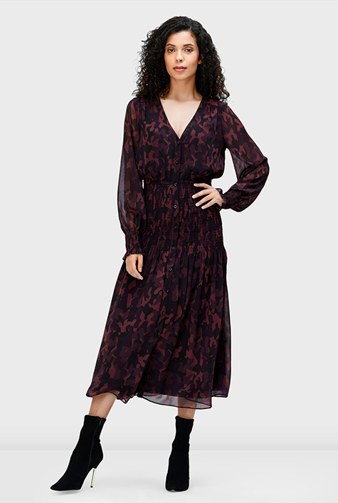 Shop Camo print georgette smocked waist dress eShakti