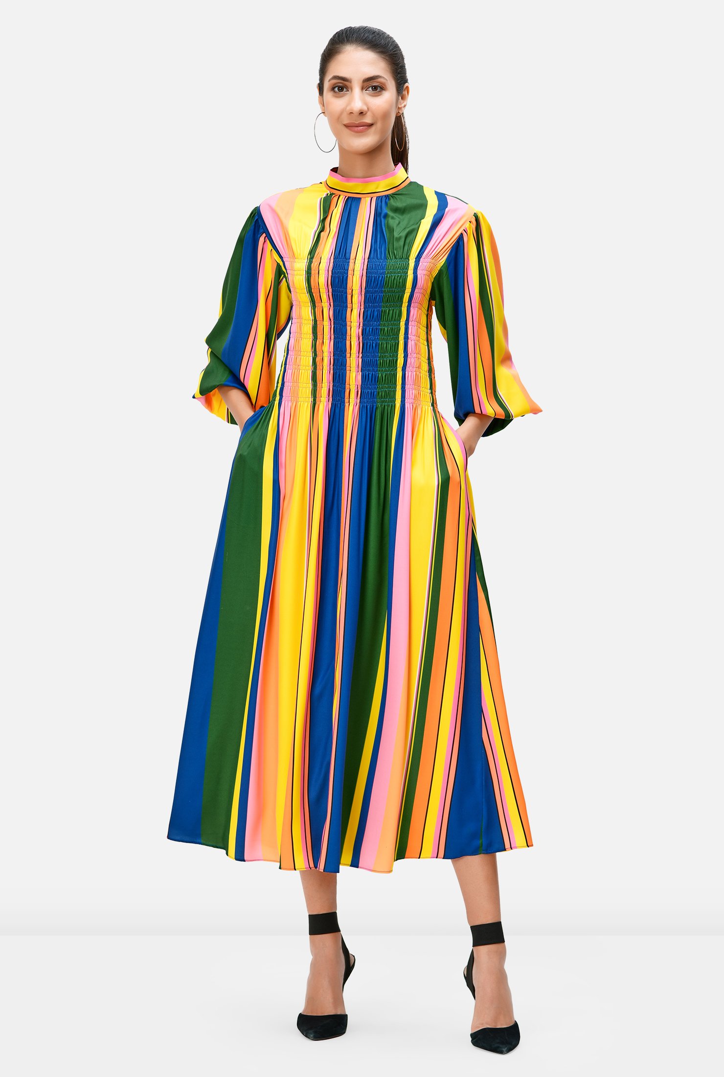 Shop Stripe Print Crepe Smocked Elastic Dress Eshakti