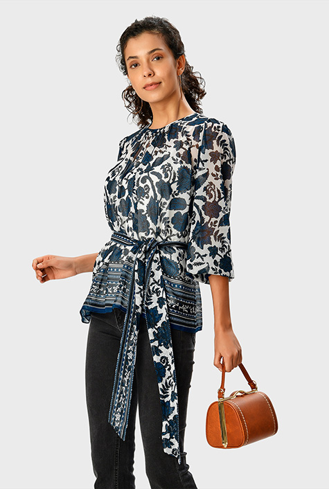Shop Floral vine print georgette sash-tie blouse | eShakti
