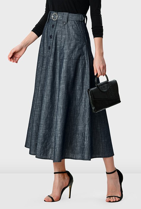 Shop Cotton chambray belted full flare skirt | eShakti