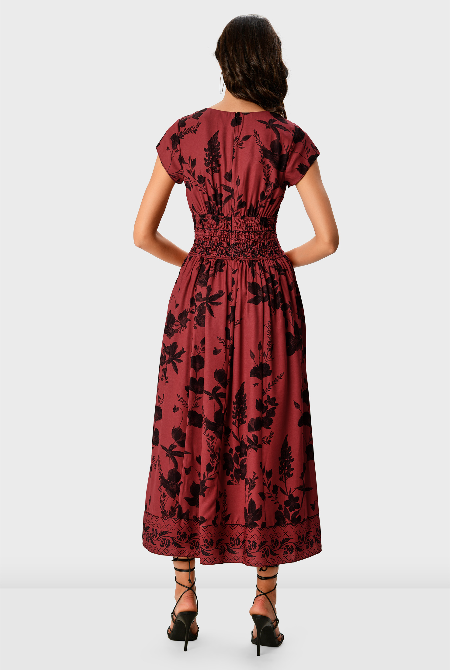 Shop Floral print crepe pleat waist dress eShakti