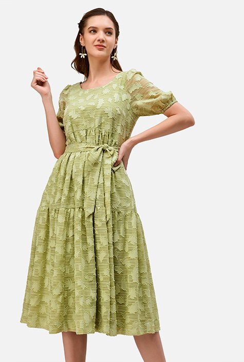 Shop Leaf burnout jacquard empire flounce dress | eShakti