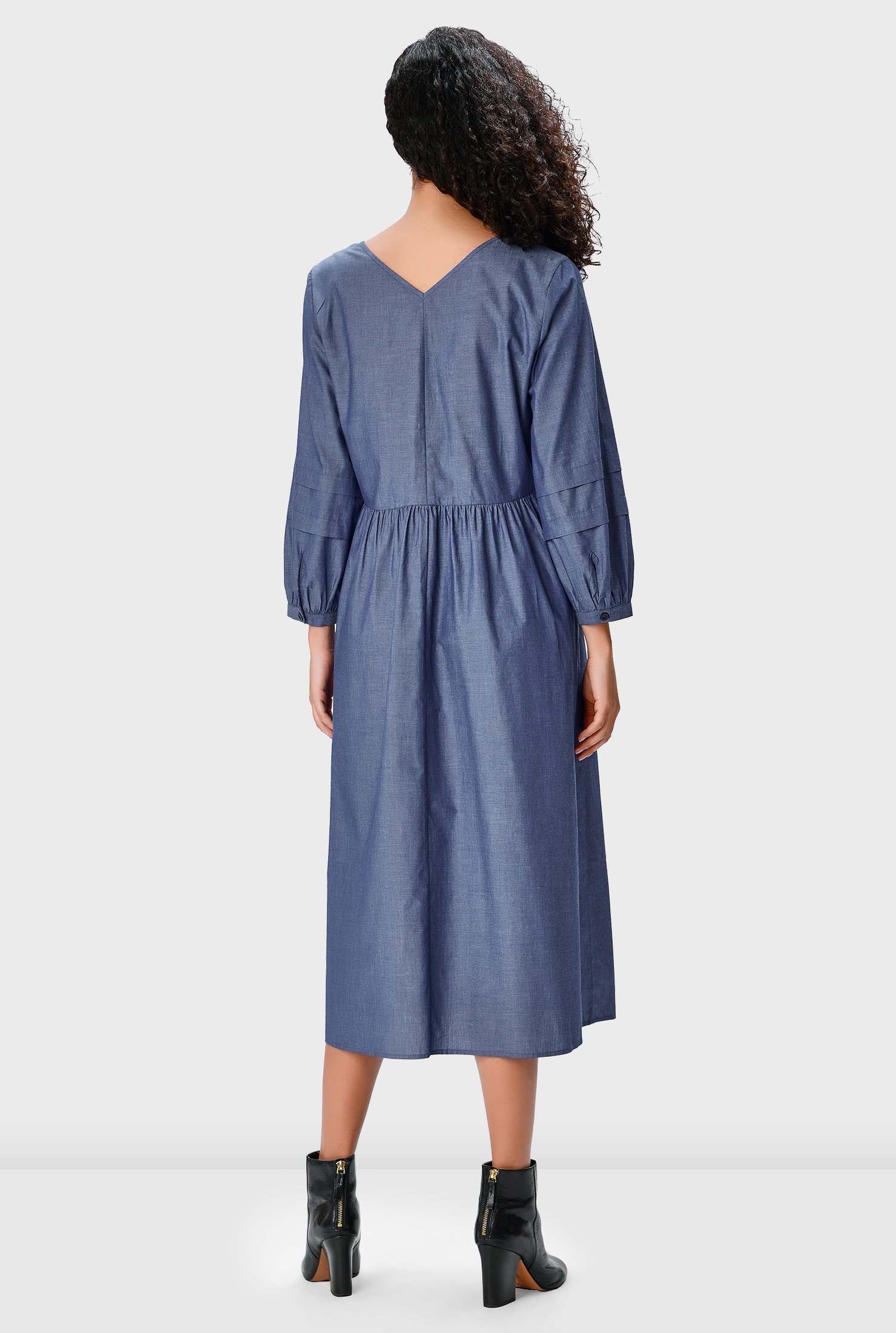 Shop Pintuck pleat cotton chambray empire dress | eShakti