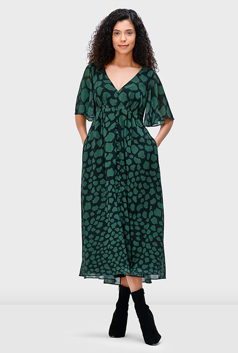Shop Flutter sleeve graphic print georgette empire dress | eShakti
