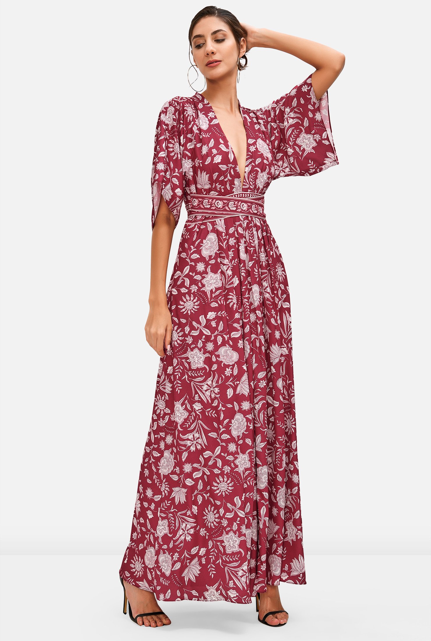 Shop Plunge floral print crepe maxi dress | eShakti