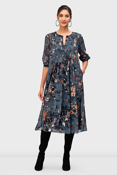 Pintuck pleat floral print georgette shirtdress