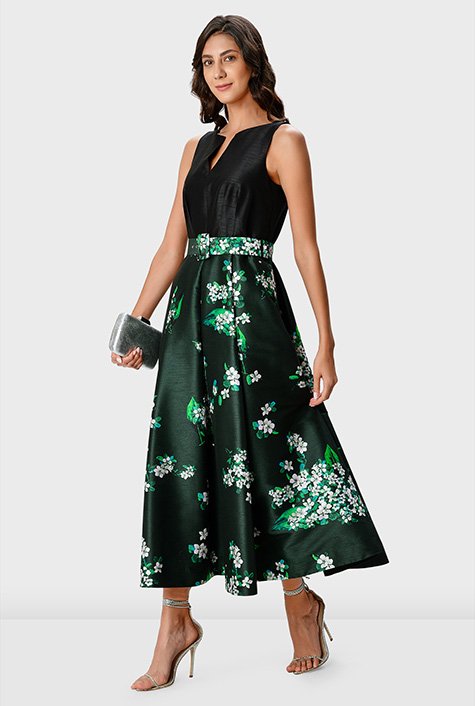 Shop Floral print dupioni belted dress | eShakti