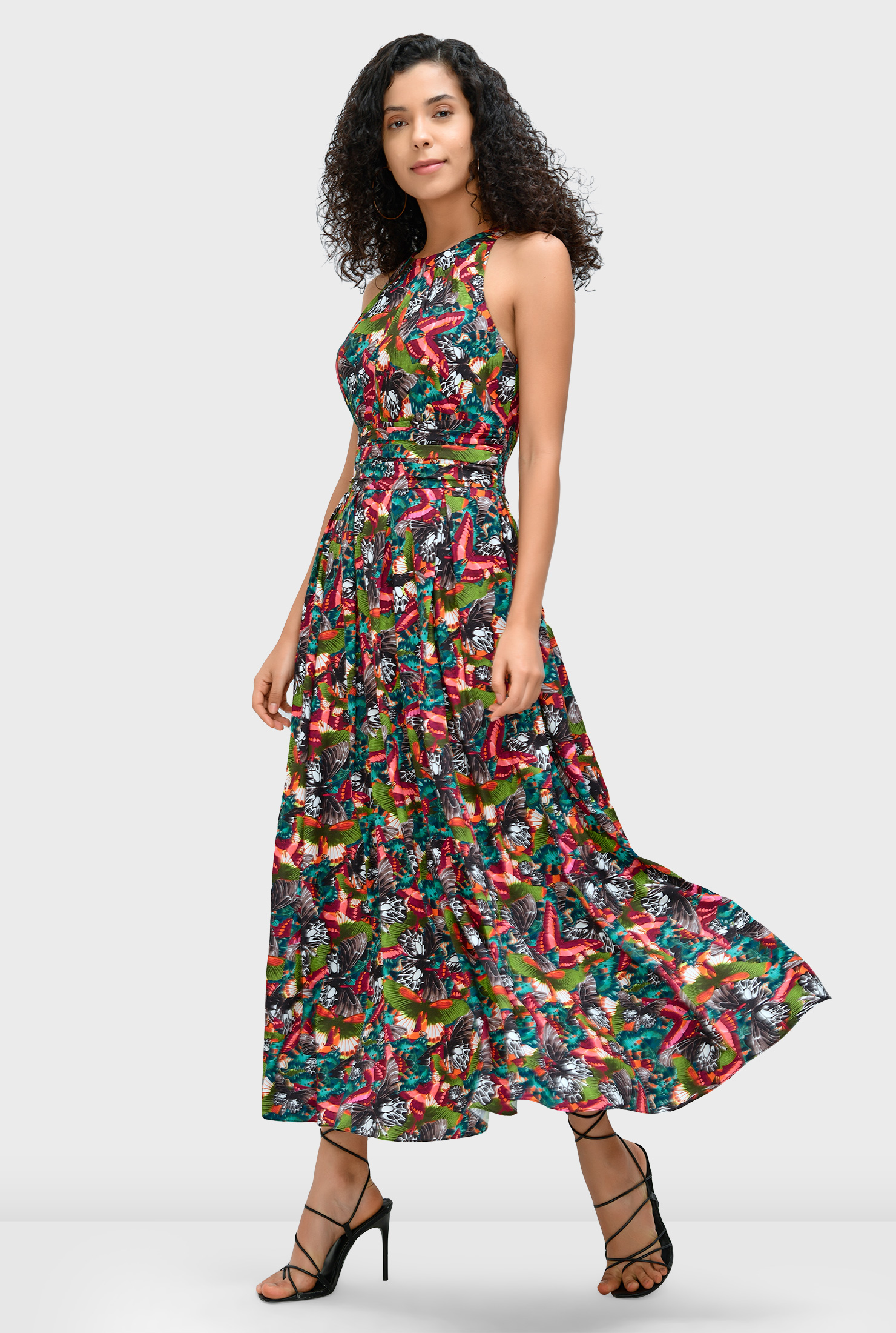sateen butterfly print fit and flare dress