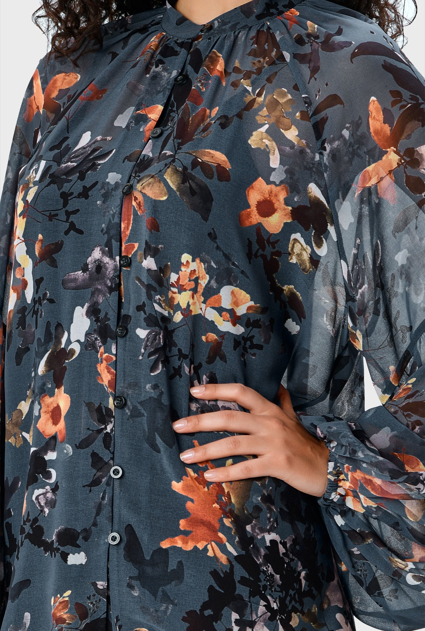 Shop Ruched floral print georgette shirt | eShakti