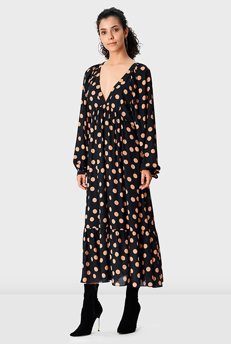 Shop Cutout back polka dot print crepe ruched empire dress | eShakti