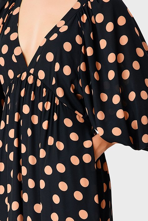 Cutout back polka dot print crepe ruched empire dress