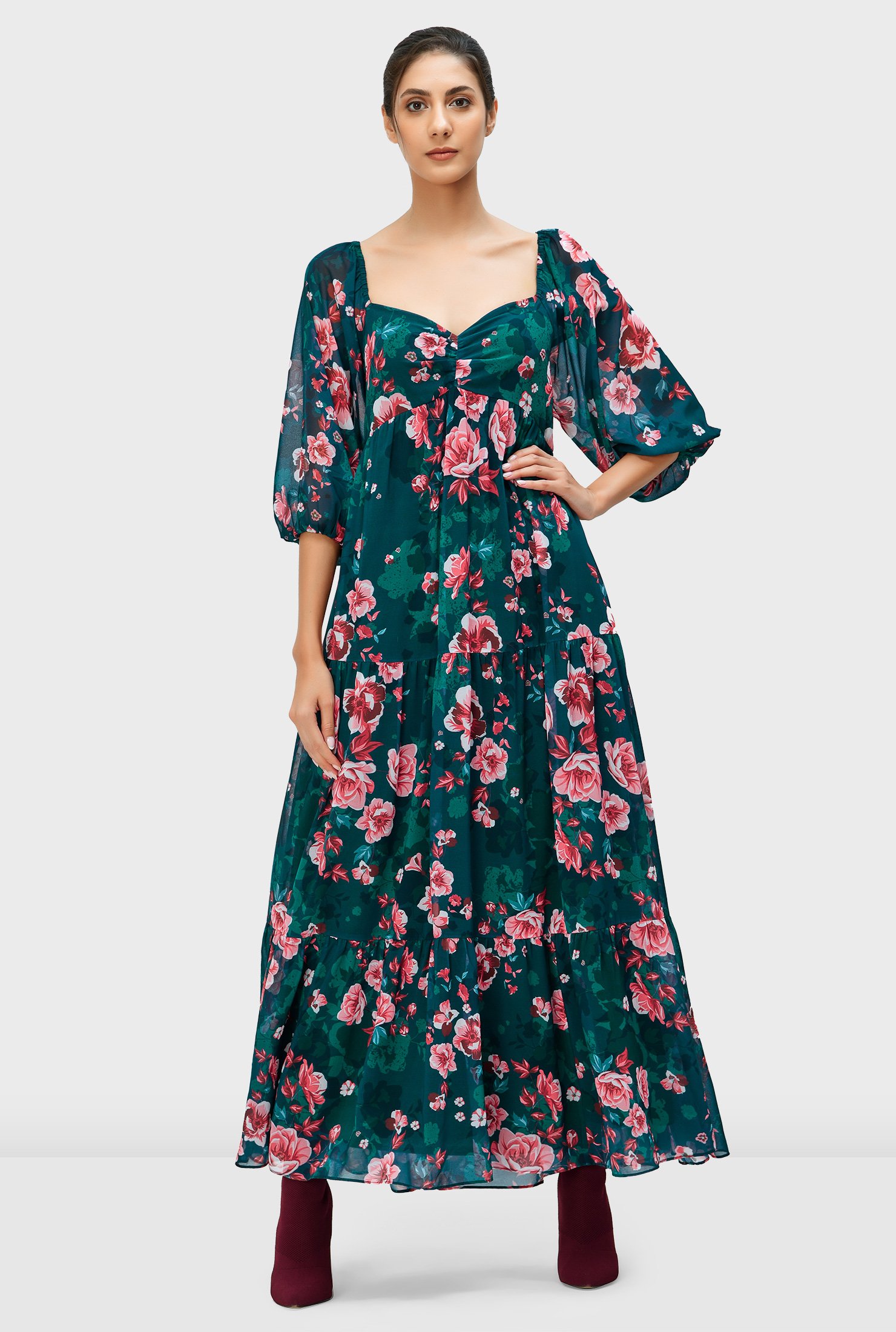 Shop Floral Print Georgette Empire Tiered Dress Eshakti