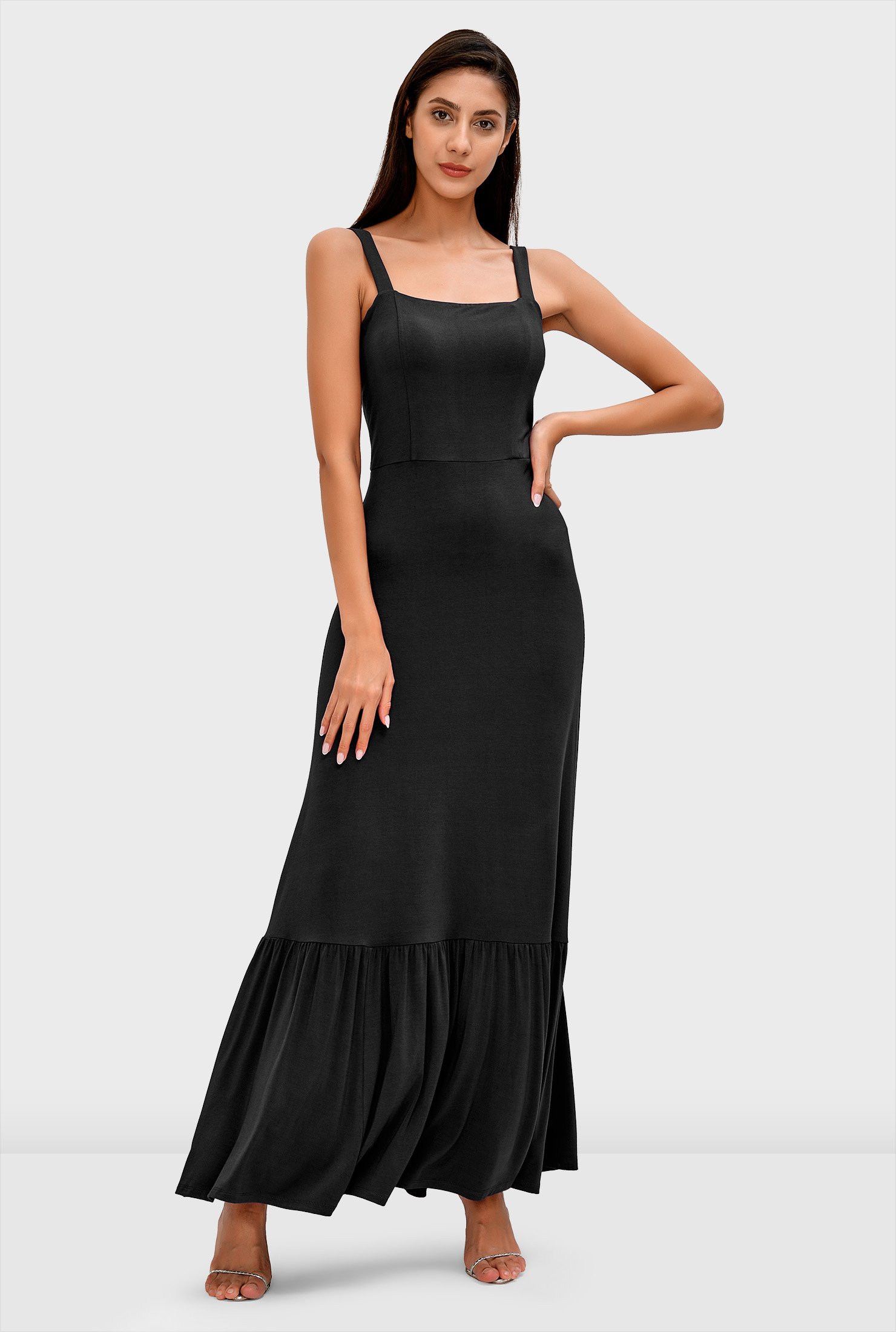 Shop Ruffle flounce jersey knit maxi dress eShakti