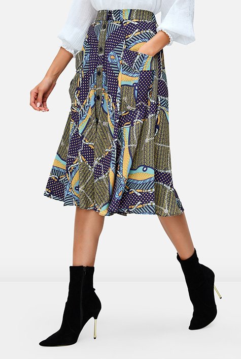 Cargo pocket scarf print crepe skirt