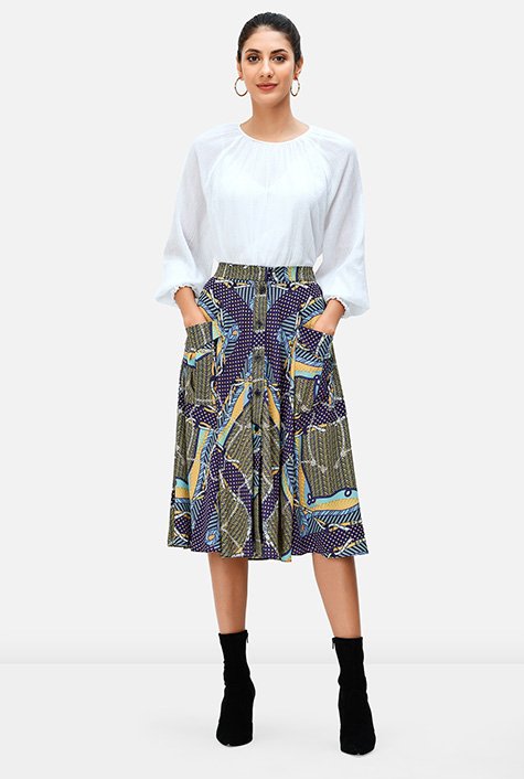 Cargo pocket scarf print crepe skirt