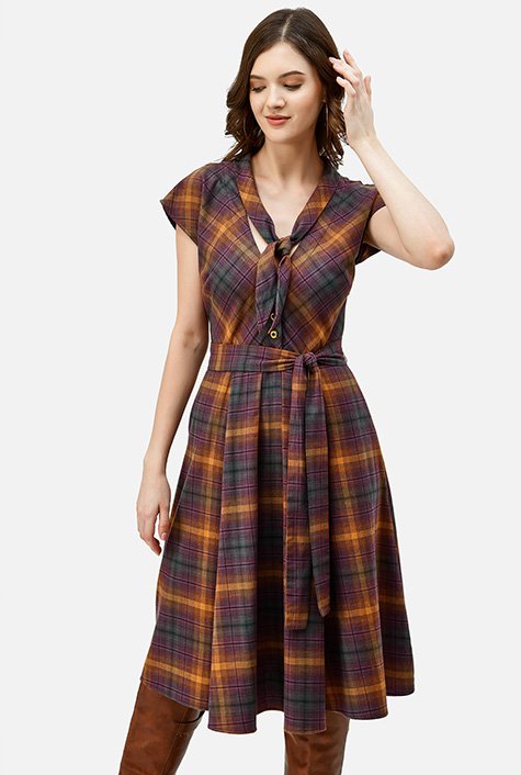 Tie neck ombre check cotton dress