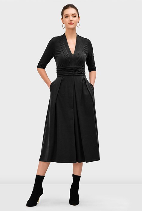 Shop Pintuck pleat cotton jersey shirred waist dress | eShakti