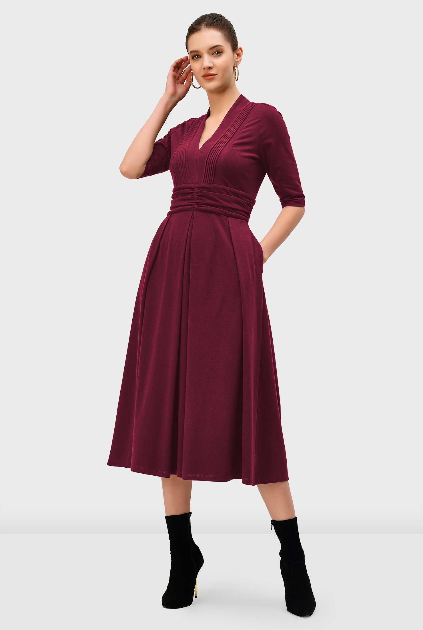 Shop Pintuck pleat cotton jersey shirred waist dress | eShakti