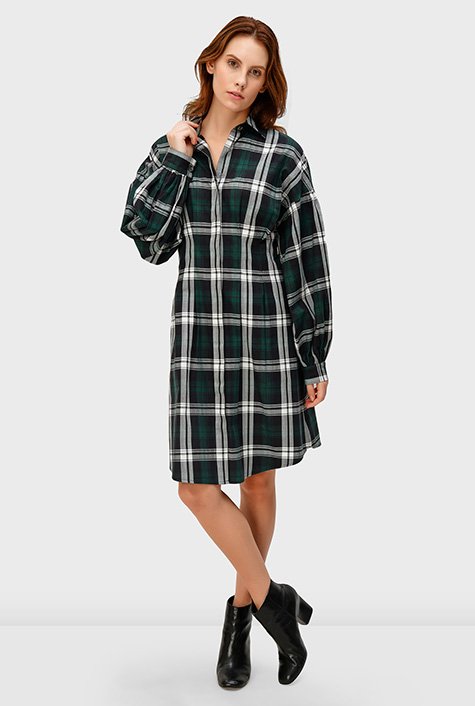 Herringbone cotton check release pleat shirtdress