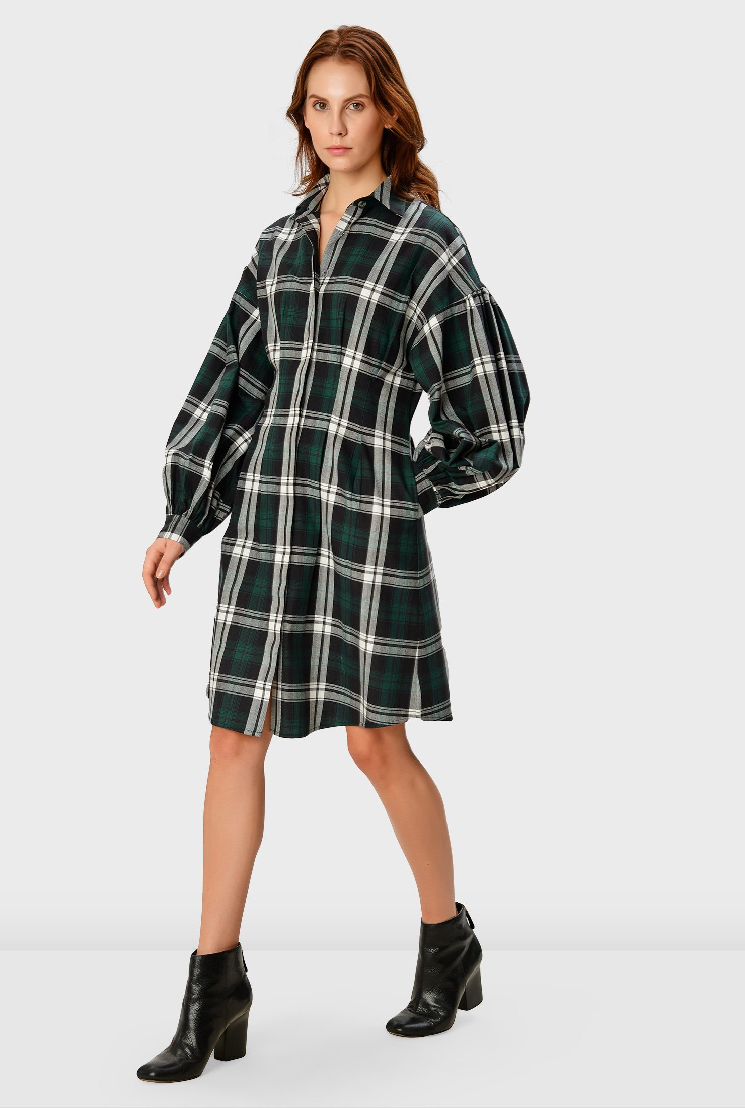 直営店販売 Checkered Pleats Long Shirt Dress ロングワンピース