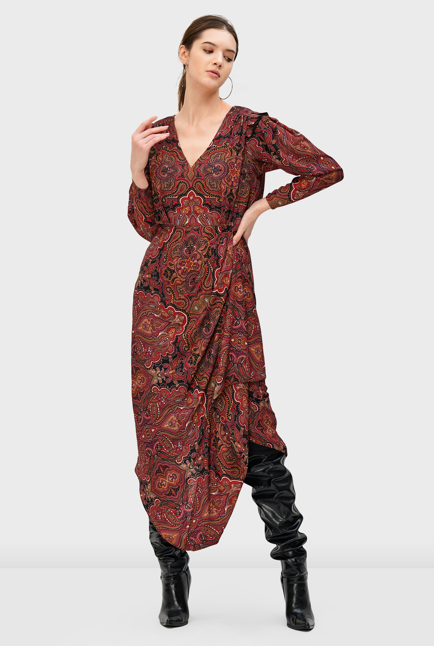 Shop Paisley scarf print crepe faux wrap dress eShakti