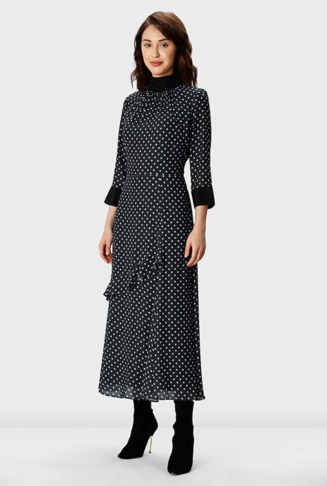 Shop Contrast trim polka dot print crepe ruffle dress eShakti