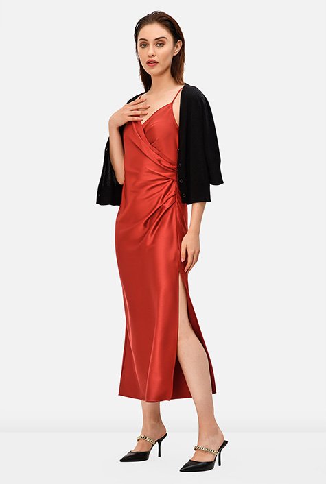 Women's Maxi Dress Womens Satin Finish Wrapped Hip Cold Shoulder