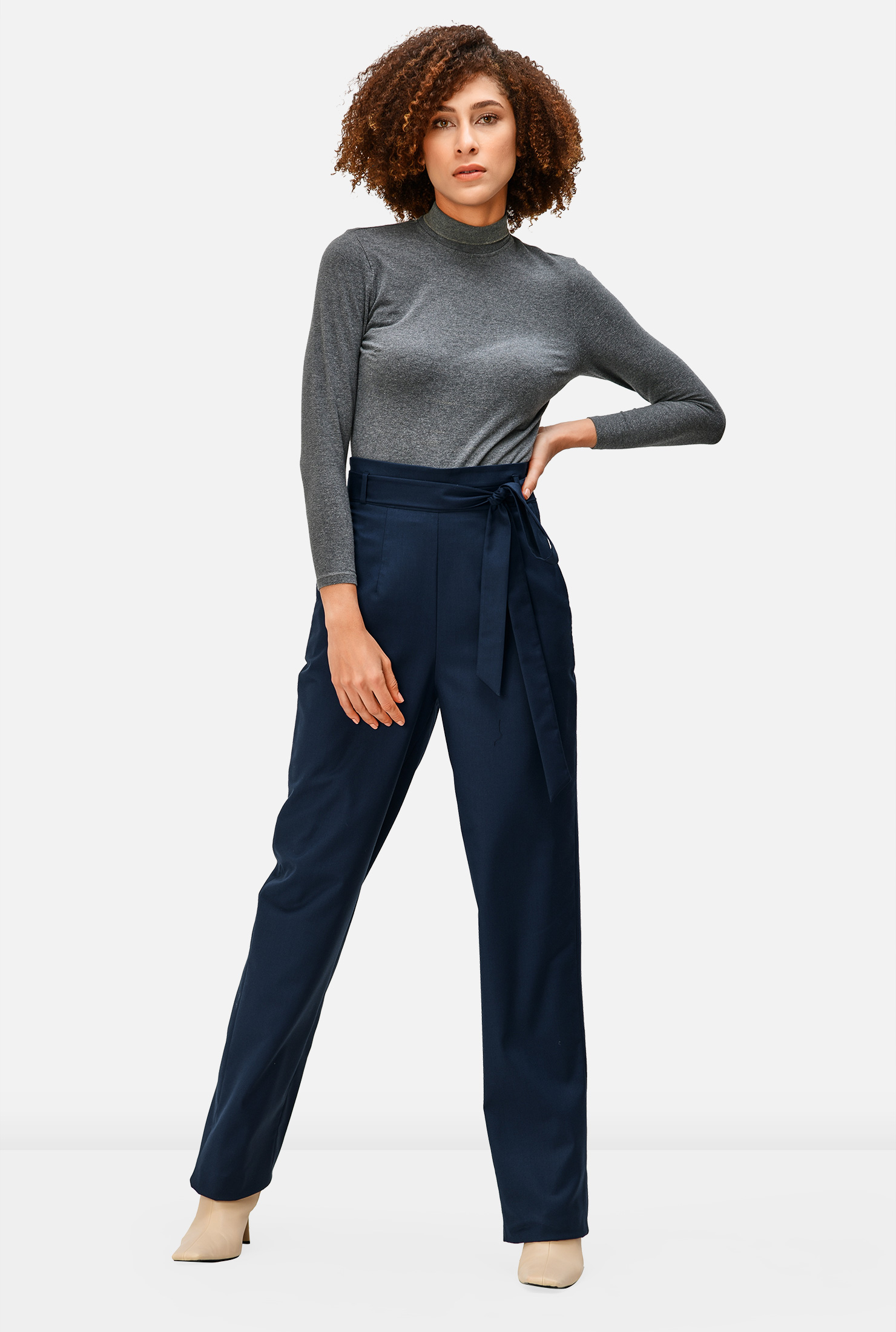 Shop Straight-leg light suiting sash-tie pants | eShakti