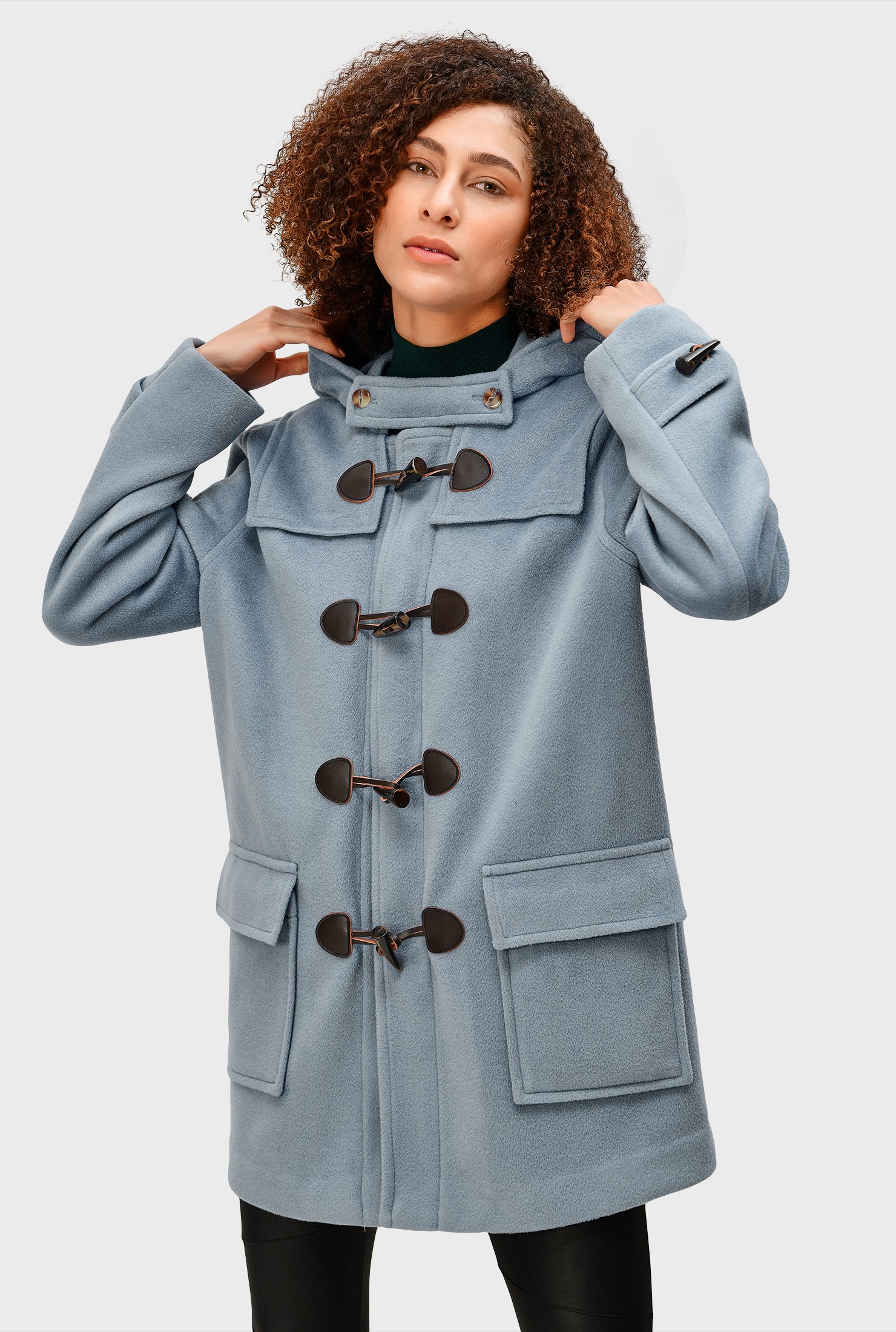 Teal Ladies Faux Fur Trim Hooded Duffle Coat