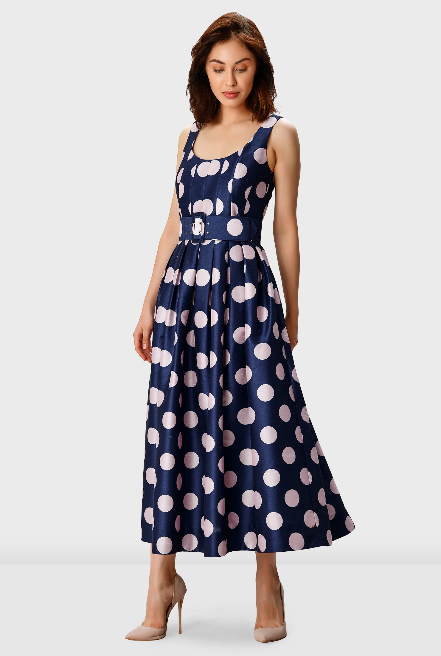 Shop Polka Dot Print Dupioni Belted Dress Eshakti