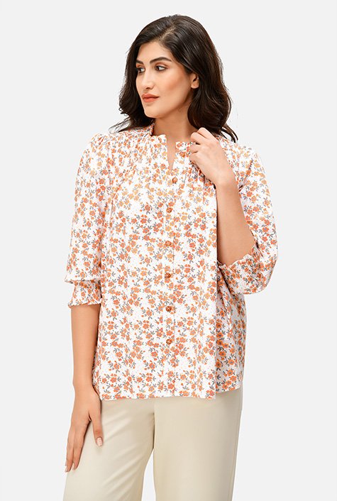 Shop Smocked yoke floral print cotton tunic