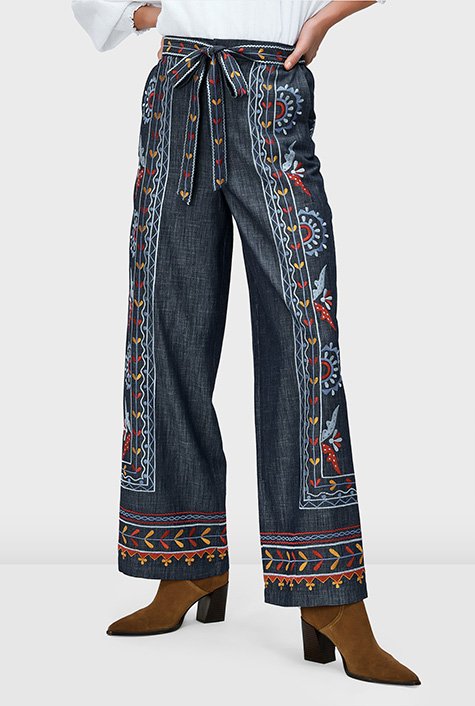 Shop Embroidered wide leg cotton chambray pants | eShakti