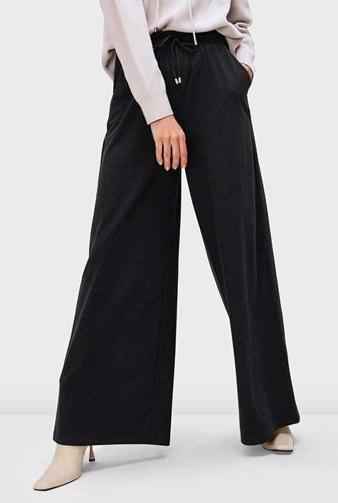 Solid Black Casual Pants Women Empire Wide Leg Trousers Office