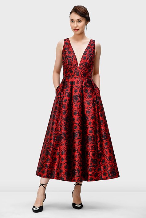 Shop Plunge rose print dupioni dress | eShakti