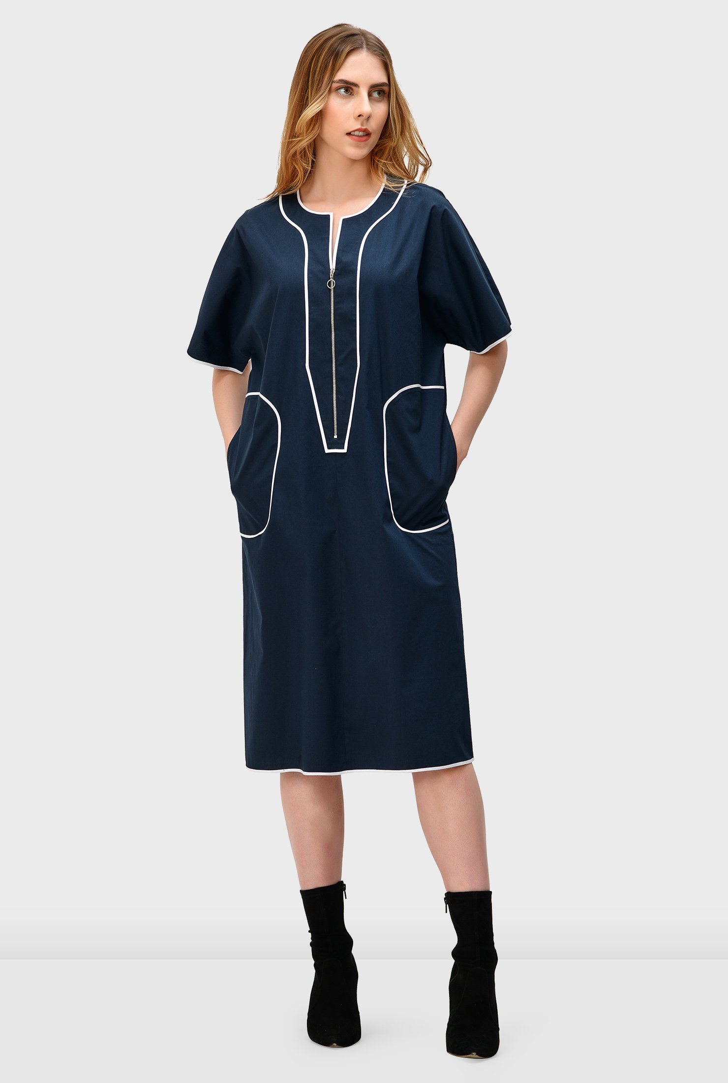 Shop Contrast tipped trim cotton poplin shift dress | eShakti